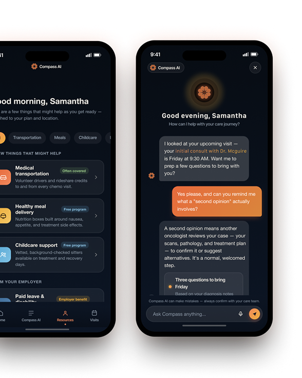 Two phones showing Compass AI in dark mode: a personalized home screen and a chat preparing for an oncology visit