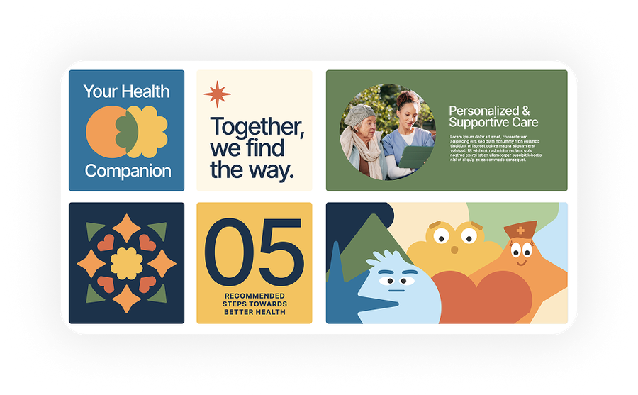 CancerCompass brand system tiles: Your Health Companion, Together we find the way, Personalized & Supportive Care, and illustrations