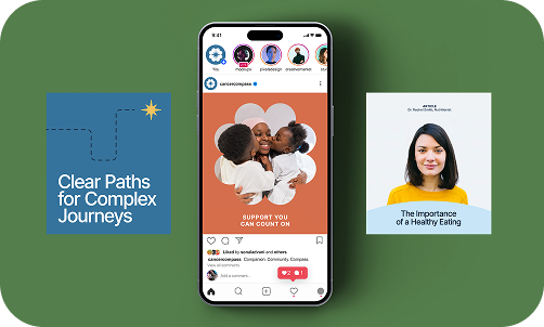 CancerCompass social content on a phone with printed patient guides