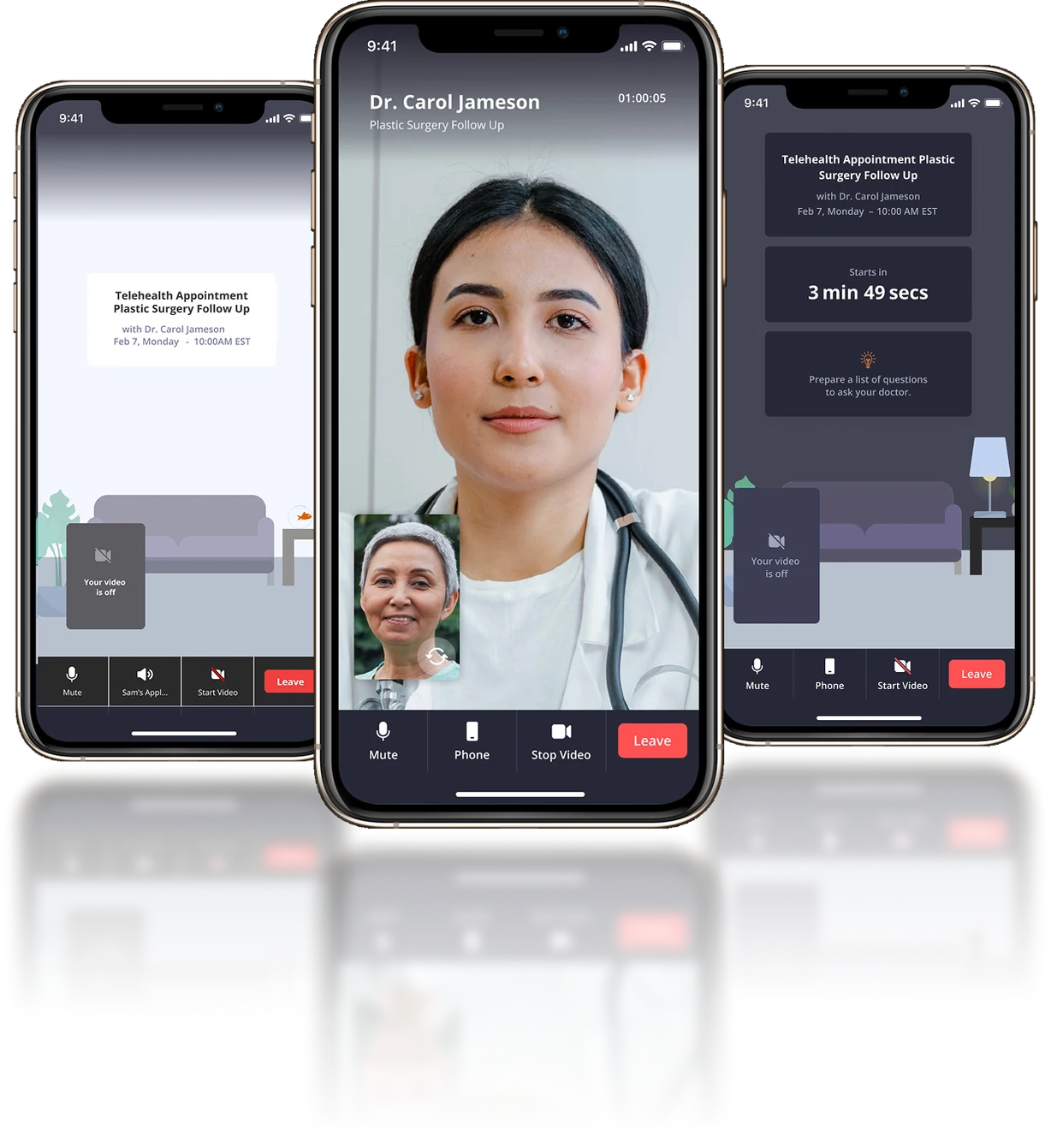 Three phones showing the redesigned telehealth visit: waiting room, live video call with Dr. Carol Jameson, and a countdown to the appointment