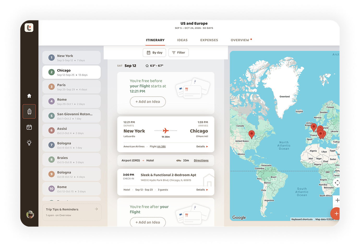 Lakatta desktop itinerary for a US and Europe trip, with a city list, day timeline, and map