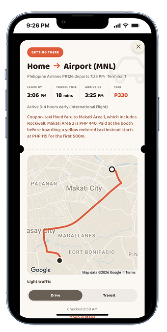 Lakatta journey card: home to airport with cost, duration and a route map