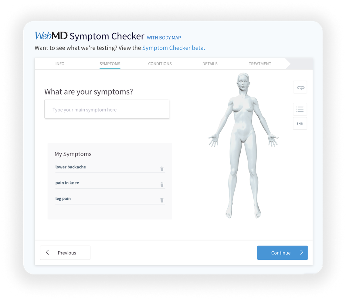 WebMD Symptom Checker with body map: symptom entry, a list of added symptoms, and a 3D body figure
