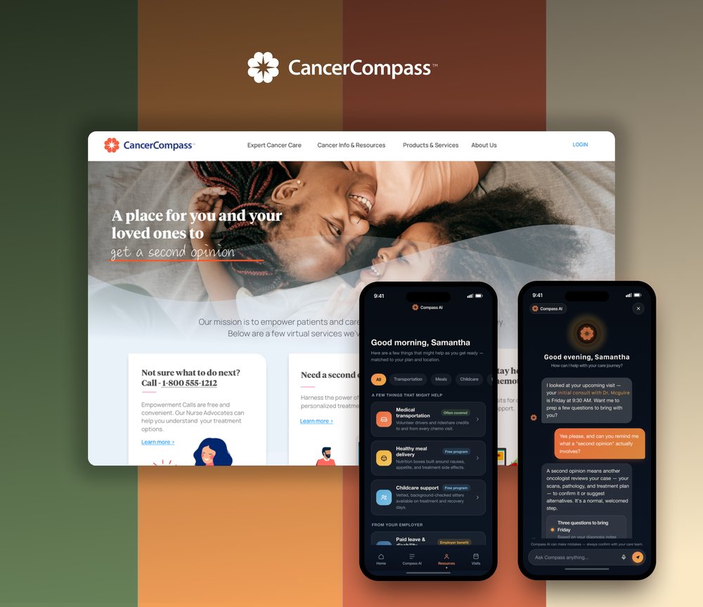 CancerCompass website and Compass AI app screens