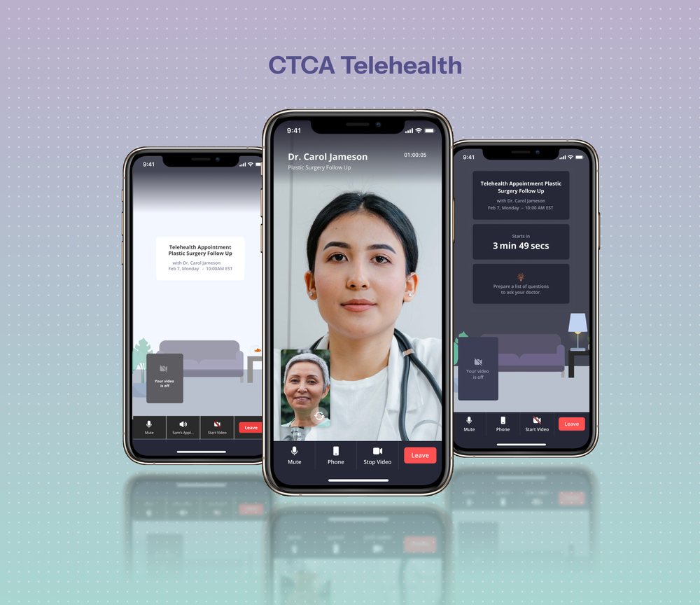 CTCA Telehealth video visit screens on three phones