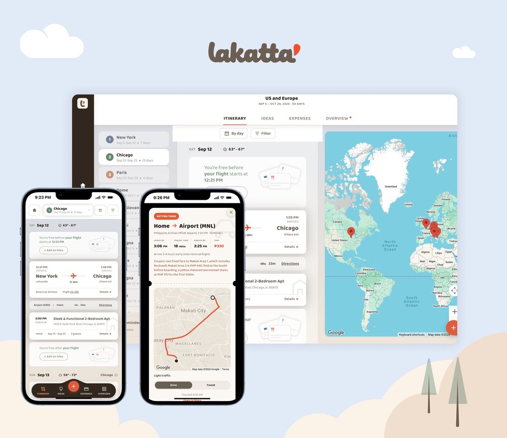 Lakatta travel app on desktop and two phones