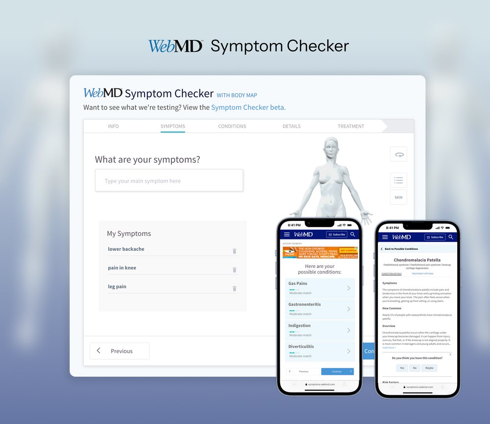 WebMD Symptom Checker with body map on desktop and phones
